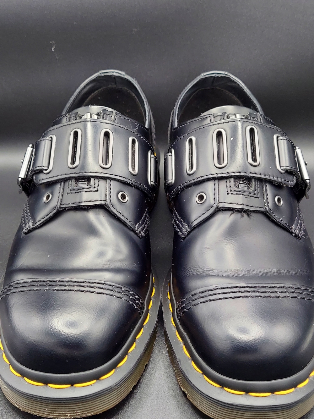 Dr. Martens Black Leather Buckle Oxfords with Yellow Stitching
